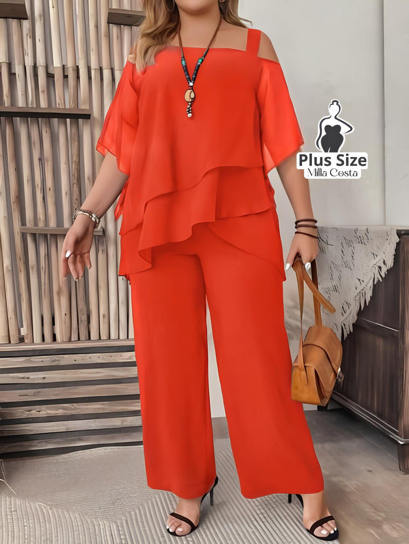 Conjunto Elegante De Camadas E Pantalona Plus Size - Tabela de Medidas na Descrição