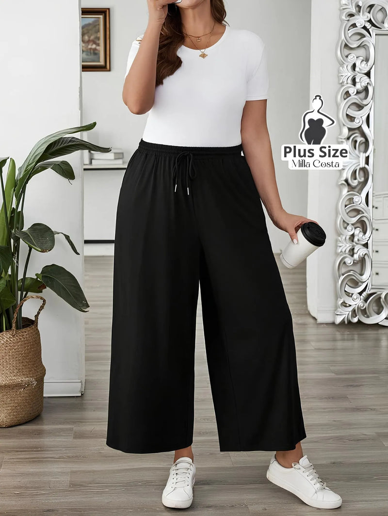 Calça Pantalona Esportiva com Cós Ajustável Plus Size - Tabela de Medidas na Descrição