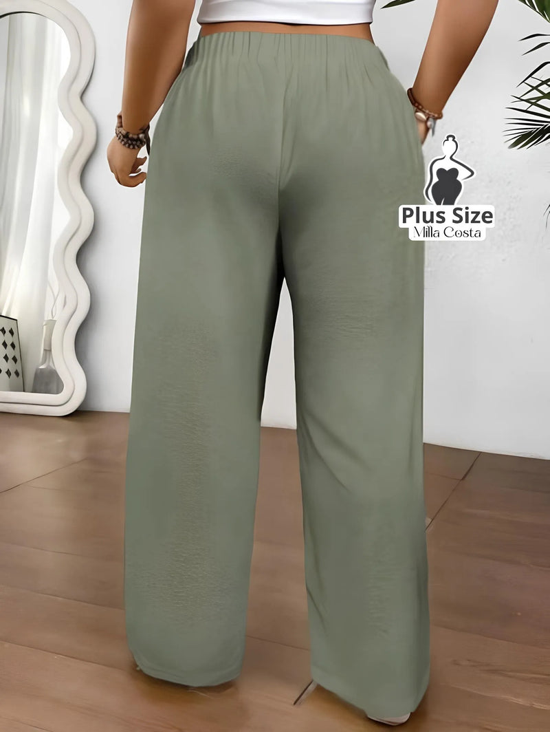 Calça Pantalona Com Cintura Alta e Laço Frontal - Tabela de Medidas na Descrição