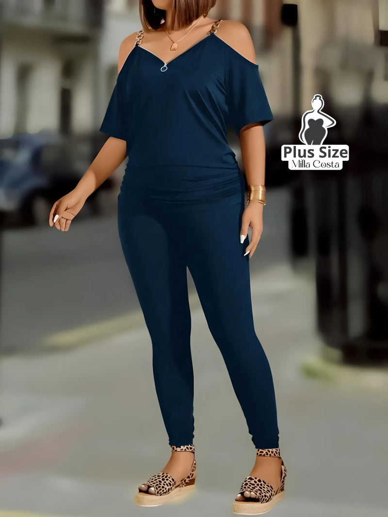 Conjunto Calça e Blusa com Ombro Vazado Plus Size - Tabela de Medidas na Descrição