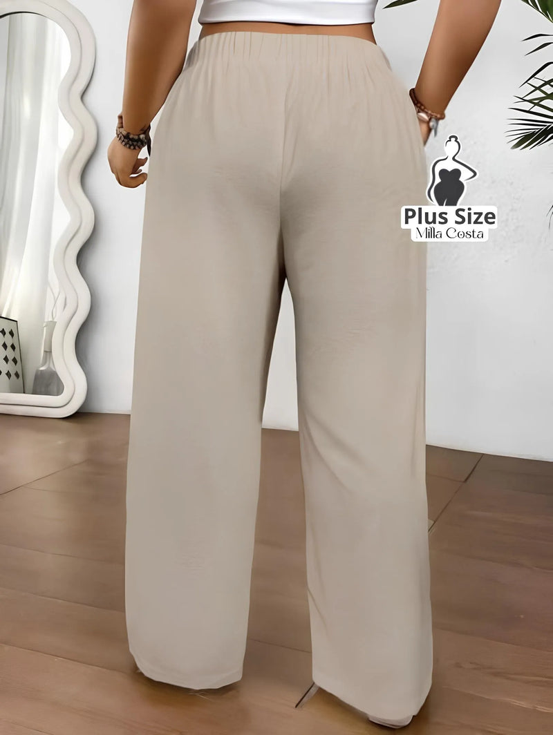 Calça Pantalona Com Cintura Alta e Laço Frontal - Tabela de Medidas na Descrição