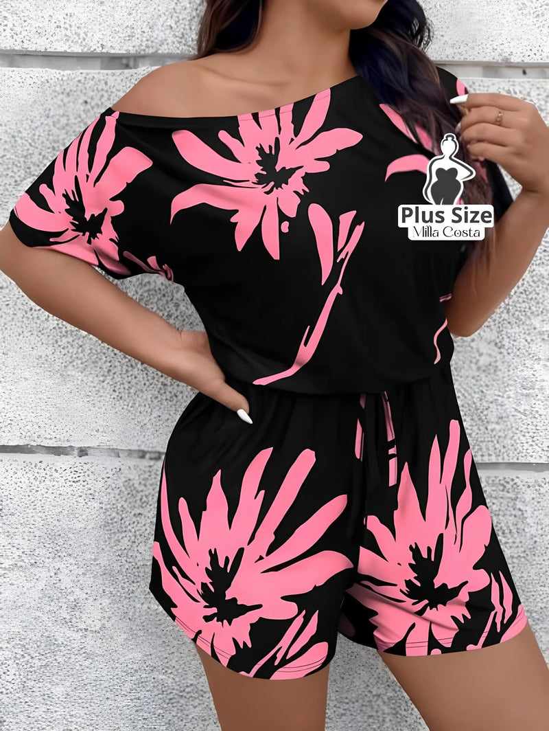 Macacão Estampado com Ombro Caído e Cintura Ajustável Plus Size - Tabela de Medidas na Descrição