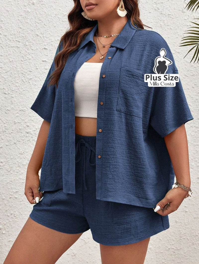 Conjunto Texturizado com Camisa e Shorts Plus Size - Tabela de Medidas na Descrição