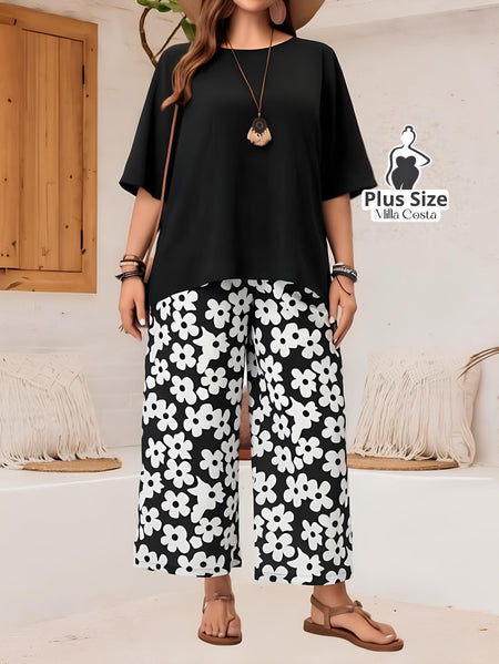 Conjunto Feminino com Blusa Solta e Calça Estampada Floral Plus Size - Tabela de Medidas na Descrição