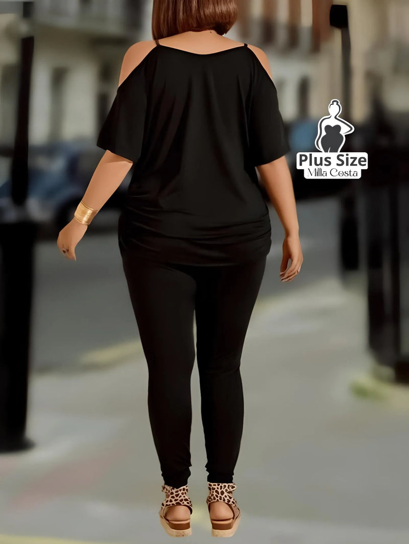 Conjunto Calça e Blusa com Ombro Vazado Plus Size - Tabela de Medidas na Descrição