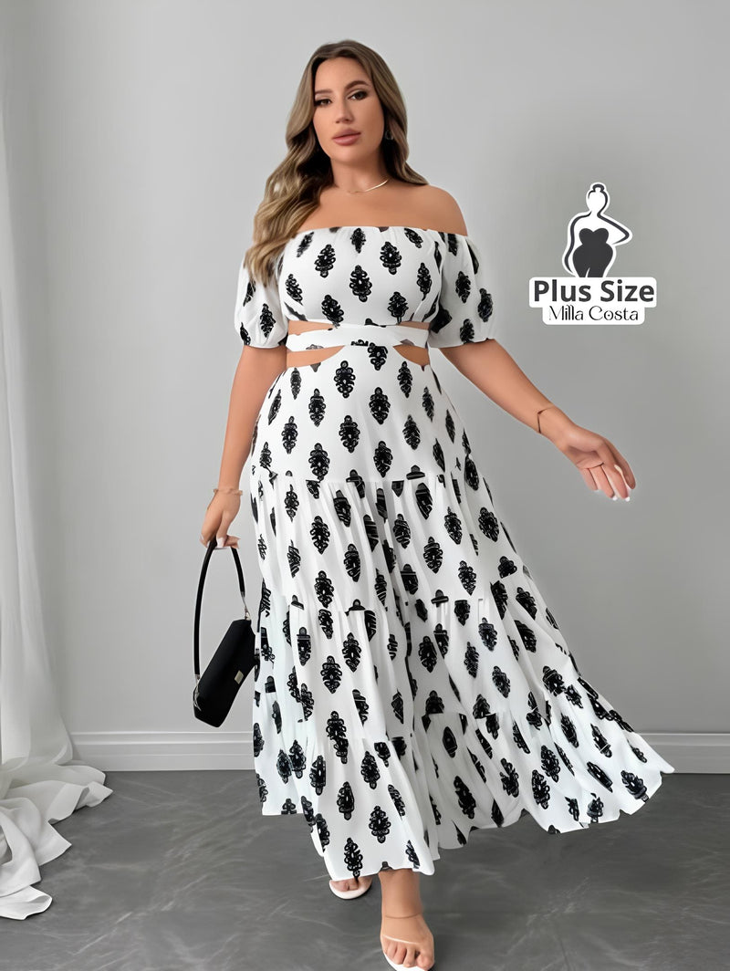 Vestido Longo Ombro a Ombro com Recortes e Estampa Elegante Plus Size - Tabela de Medidas na Descrição