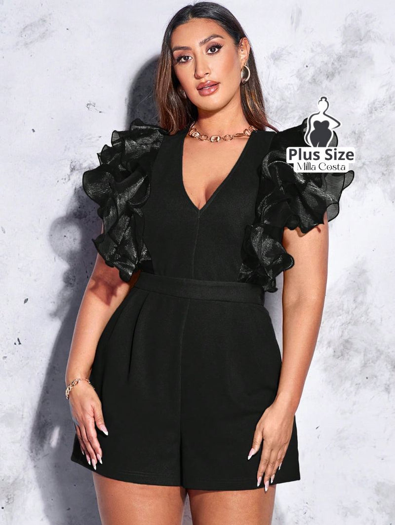 Macacão com Mangas Bufantes em Organza Plus Size - Tabela de Medidas na Descrição