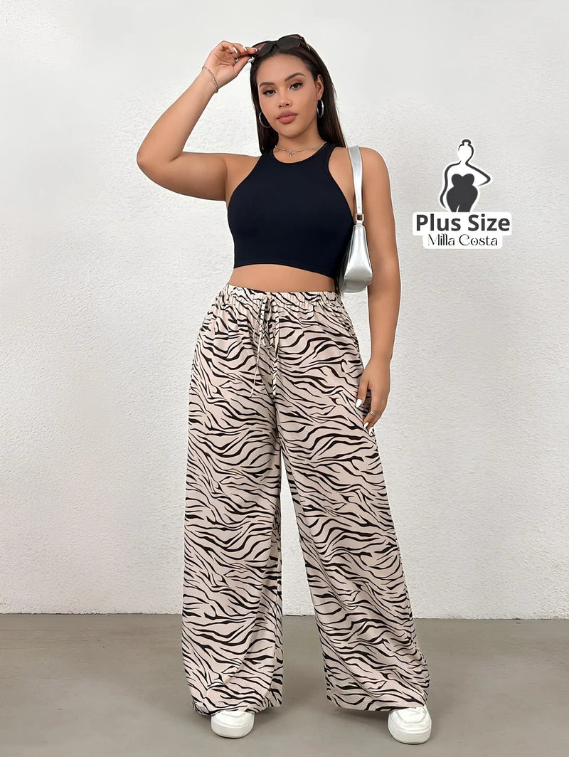 Calça Pantalona Estampada com Cintura de Amarração Plus Size - Tabela de Medidas na Descrição