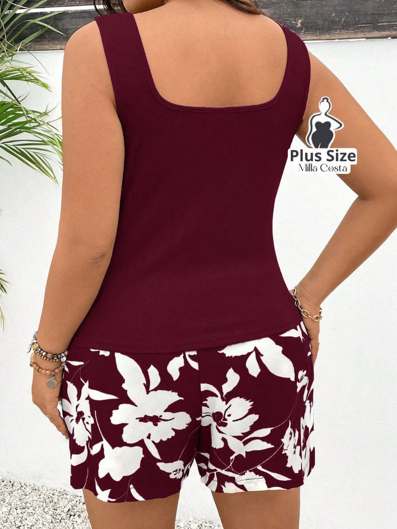 Conjunto Floral com Regata Plus Size - Tabela de Medidas na Descrição