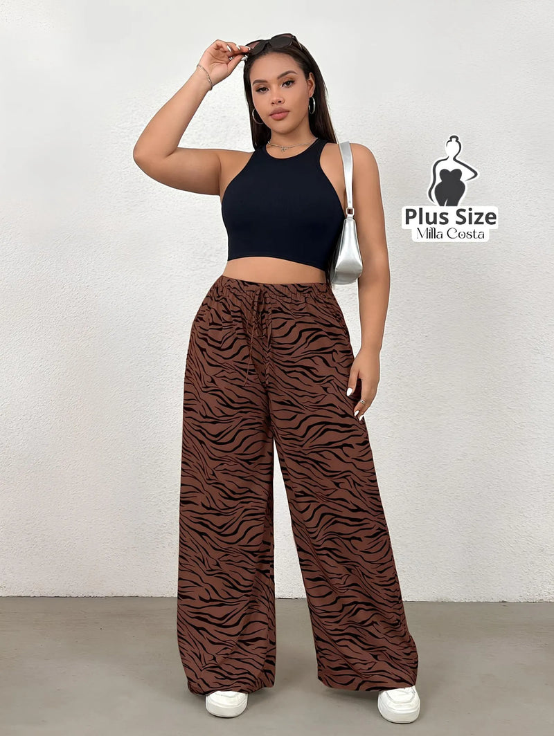 Calça Pantalona Estampada com Cintura de Amarração Plus Size - Tabela de Medidas na Descrição