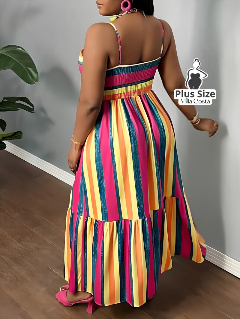 Vestido Longo Listrado com Recorte Frontal e Alças Finas Plus Size - Tabela de Medidas na Descrição