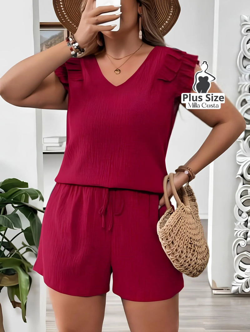 Conjunto com Blusa de Babado e Shorts de Amarração Plus Size - Tabela de Medidas na Descrição