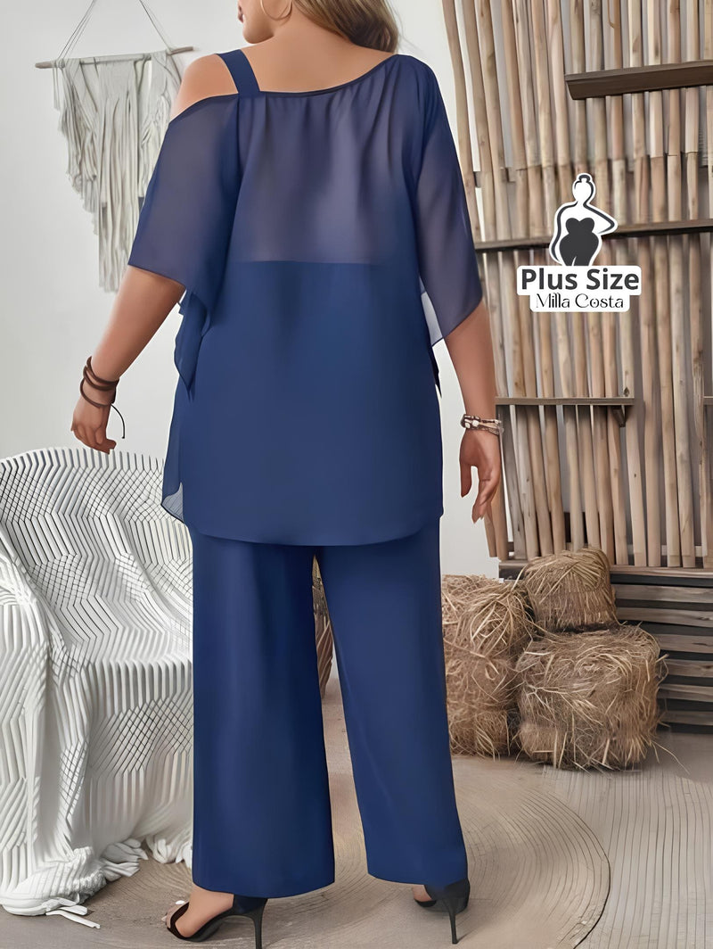 Conjunto Elegante De Camadas E Pantalona Plus Size - Tabela de Medidas na Descrição