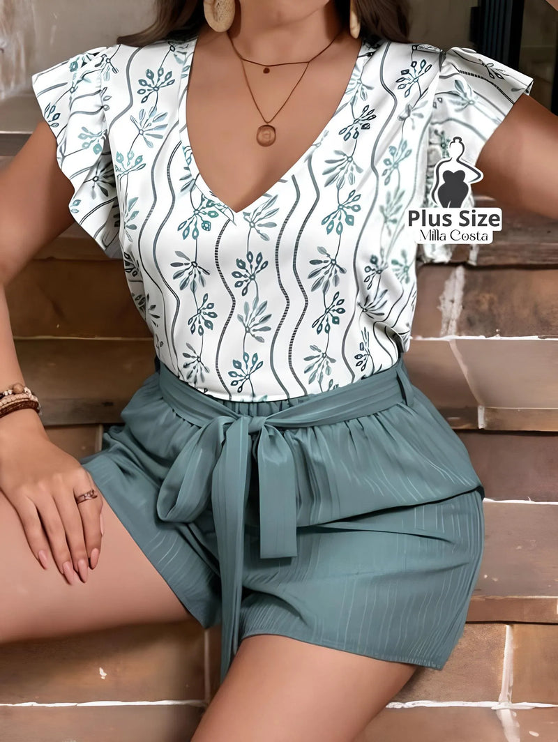 Conjunto Feminino Estampado com Short e Babado nas Mangas Plus Size - Tabela de Medidas na Descrição