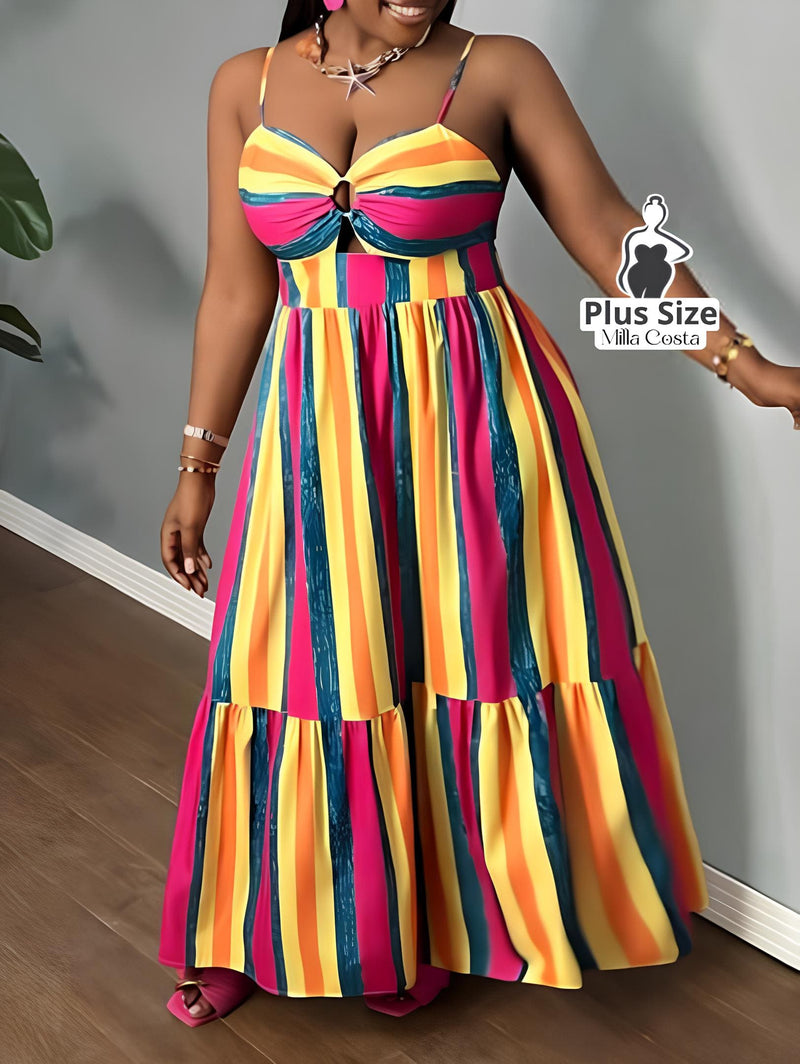 Vestido Longo Listrado com Recorte Frontal e Alças Finas Plus Size - Tabela de Medidas na Descrição