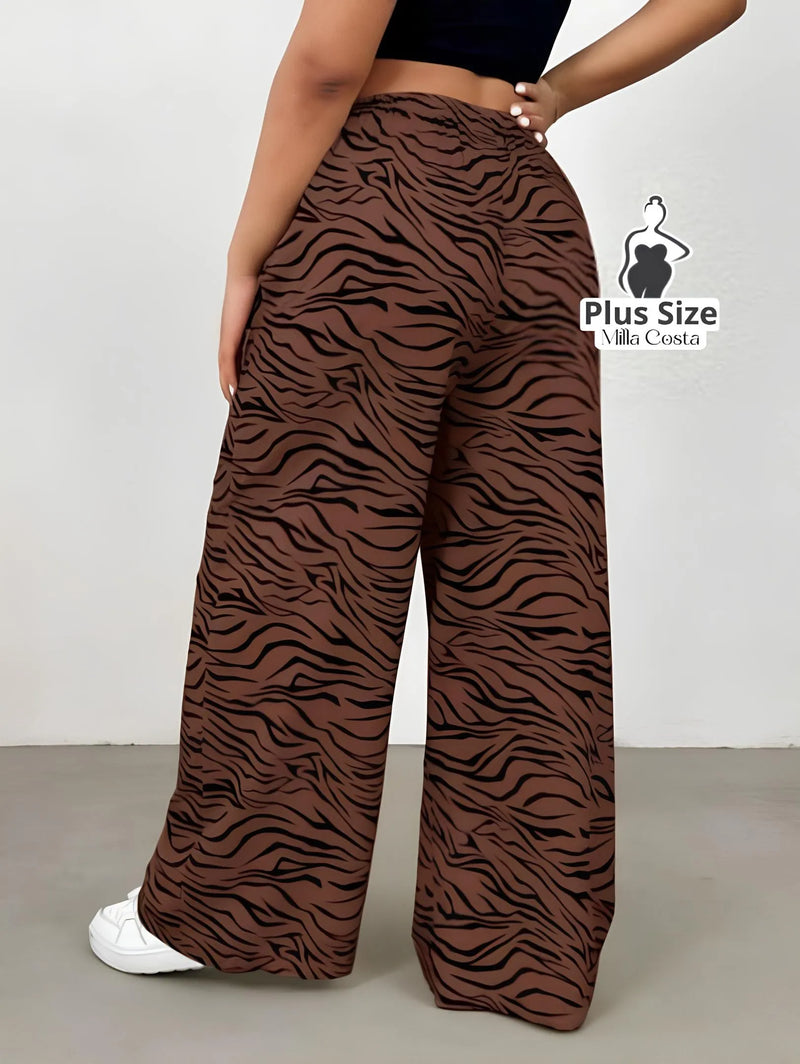 Calça Pantalona Estampada com Cintura de Amarração Plus Size - Tabela de Medidas na Descrição