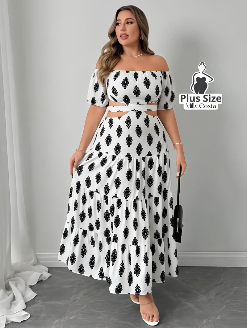 Vestido Longo Ombro a Ombro com Recortes e Estampa Elegante Plus Size - Tabela de Medidas na Descrição