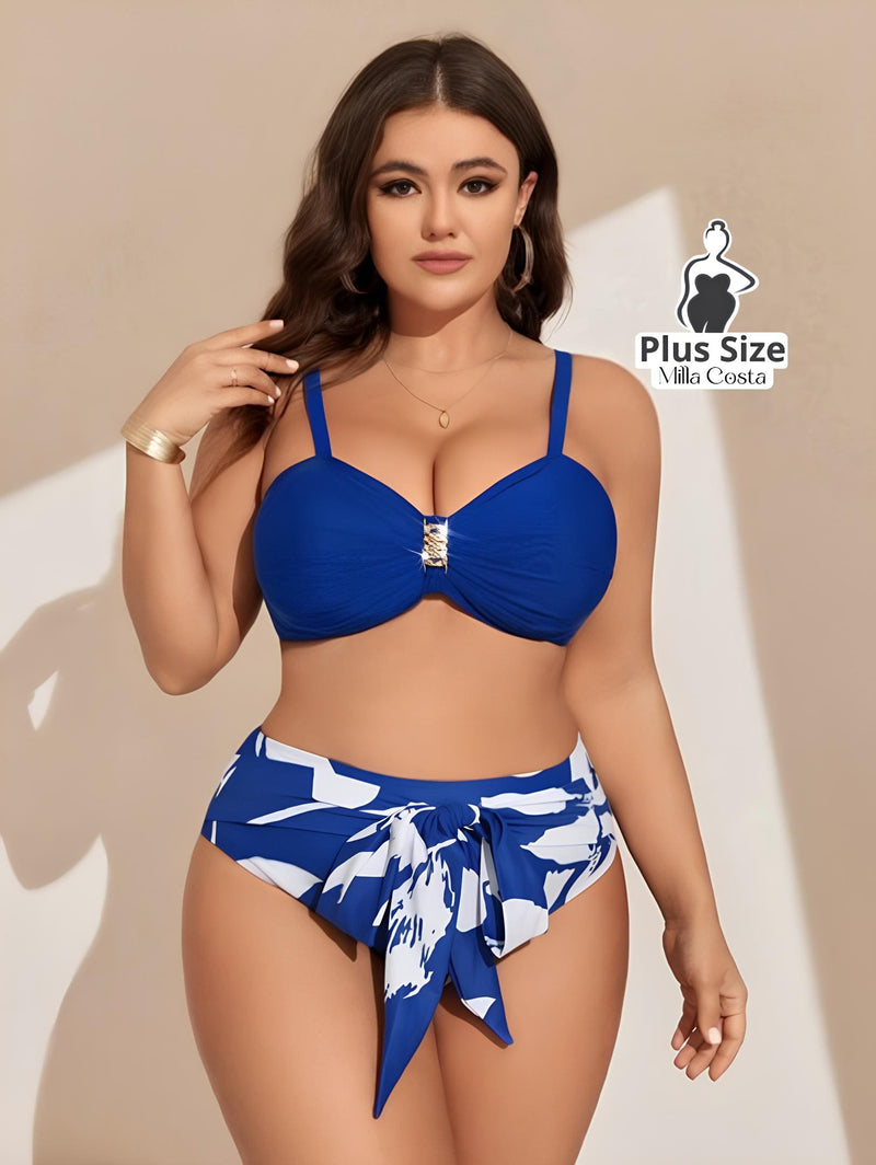 Conjunto Elegante De Biquíni Com Kimono Estampado Plus Size - Tabela de Medidas na Descrição