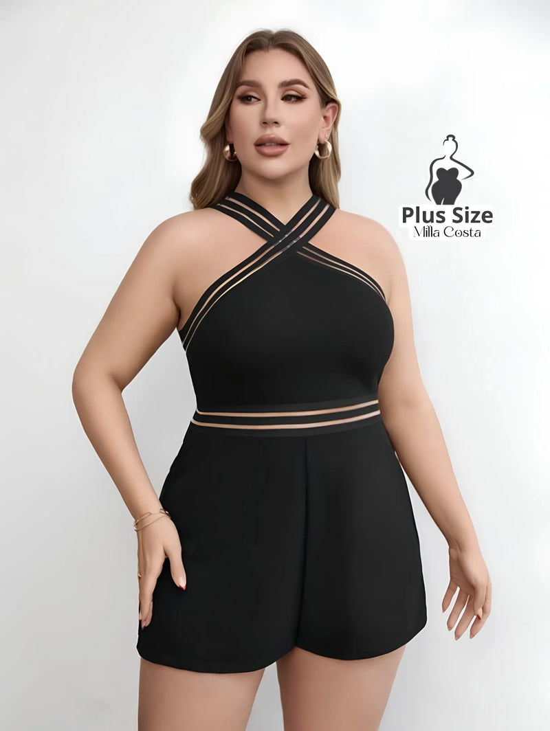 Macacão com Decote Cruzado e Cintura Marcada Plus Size - Tabela de Medidas na Descrição