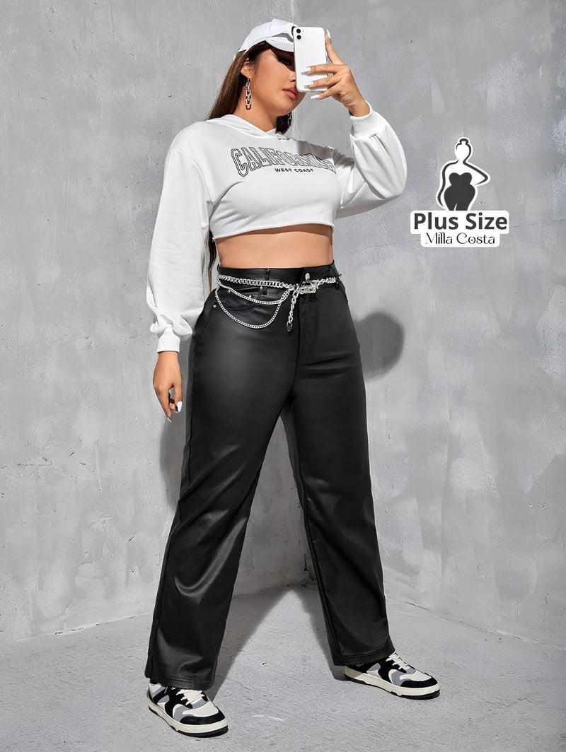 Calça Wide em Couro Sintético Plus Size - Tabela de Medidas na Descrição