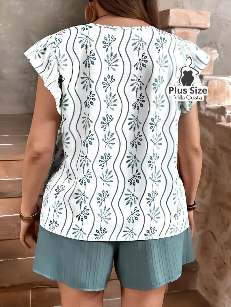 Conjunto Feminino Estampado com Short e Babado nas Mangas Plus Size - Tabela de Medidas na Descrição