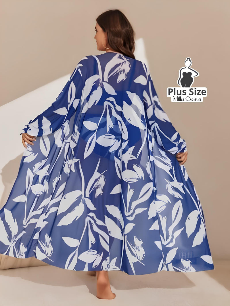 Conjunto Elegante De Biquíni Com Kimono Estampado Plus Size - Tabela de Medidas na Descrição