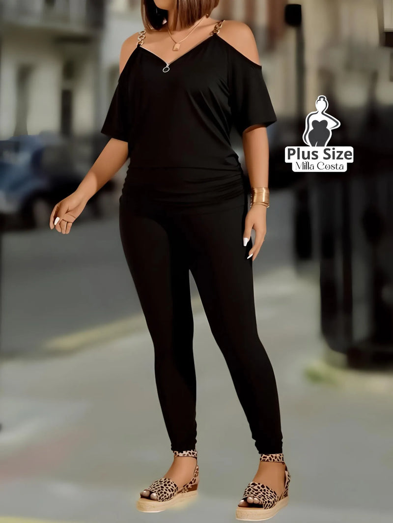 Conjunto Calça e Blusa com Ombro Vazado Plus Size - Tabela de Medidas na Descrição