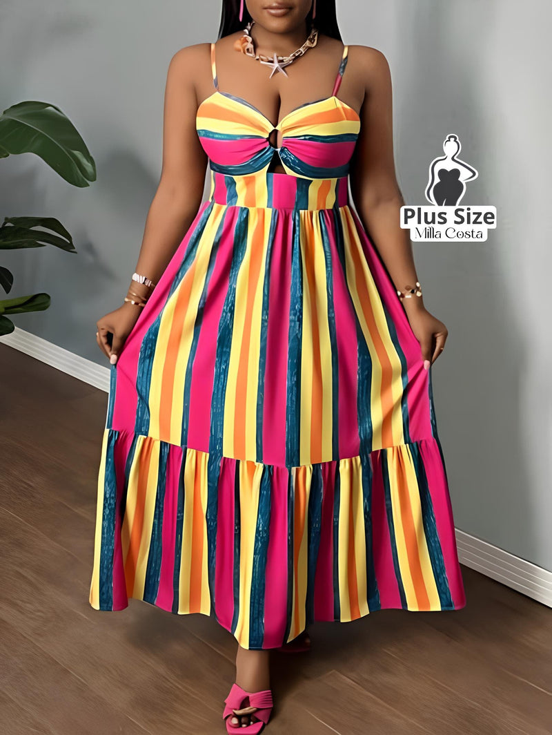 Vestido Longo Listrado com Recorte Frontal e Alças Finas Plus Size - Tabela de Medidas na Descrição