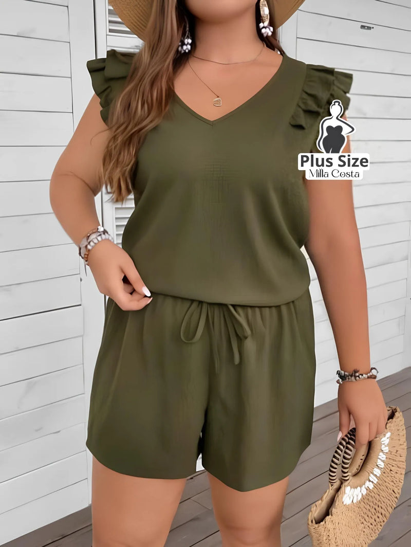 Conjunto com Blusa de Babado e Shorts de Amarração Plus Size - Tabela de Medidas na Descrição