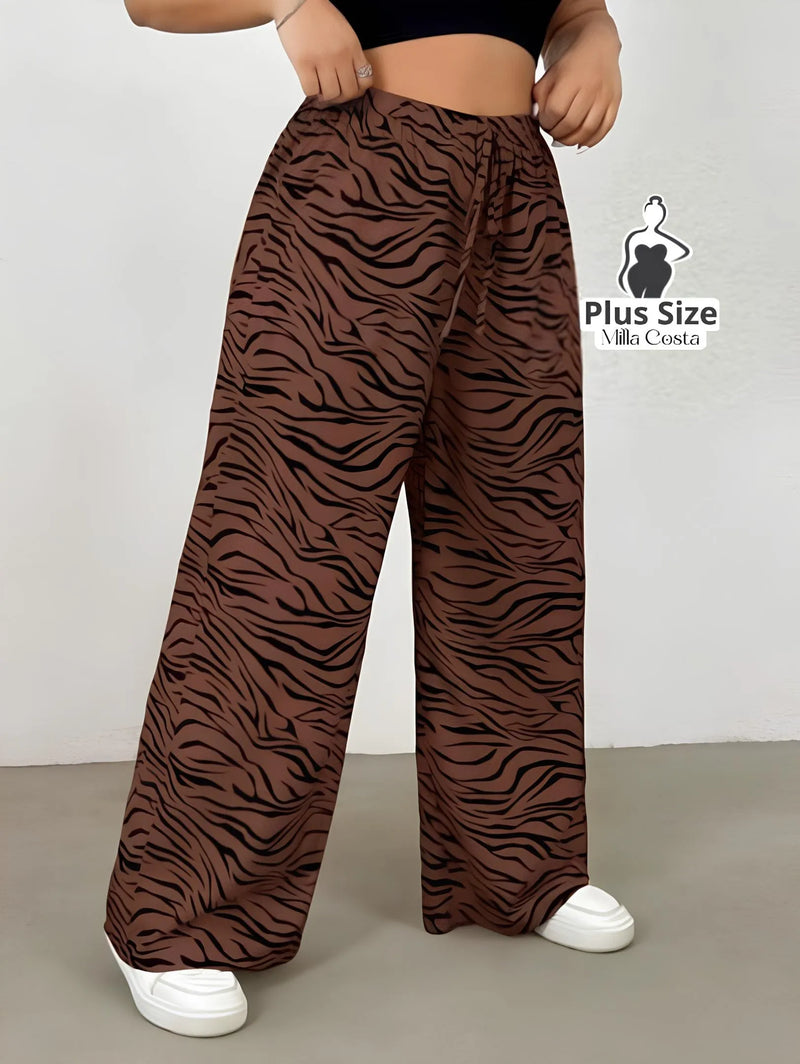 Calça Pantalona Estampada com Cintura de Amarração Plus Size - Tabela de Medidas na Descrição