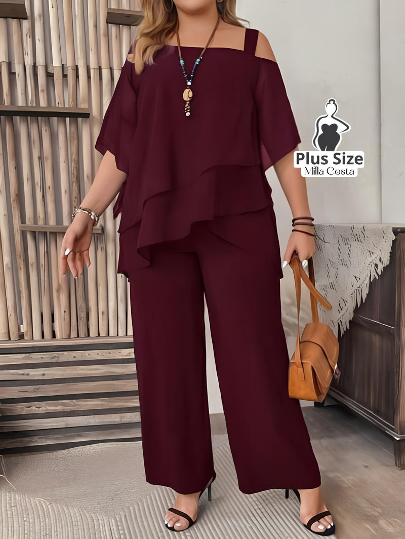 Conjunto Elegante De Camadas E Pantalona Plus Size - Tabela de Medidas na Descrição