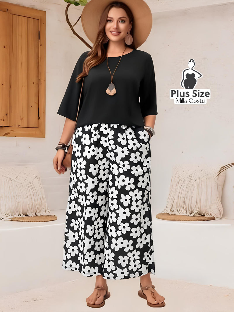 Conjunto Feminino com Blusa Solta e Calça Estampada Floral Plus Size - Tabela de Medidas na Descrição