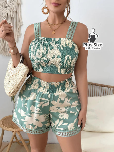 Conjunto Cropped e Shorts Estampado com Detalhes de Renda Plus Size - Tabela de Medidas na Descrição