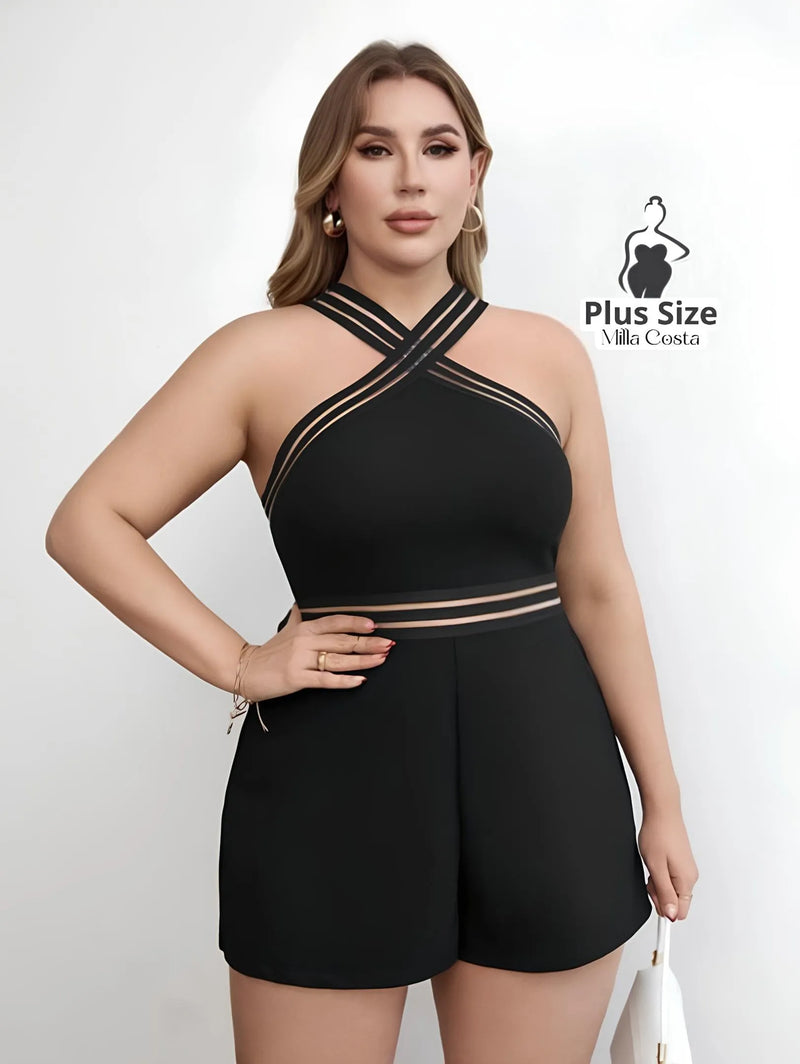 Macacão com Decote Cruzado e Cintura Marcada Plus Size - Tabela de Medidas na Descrição