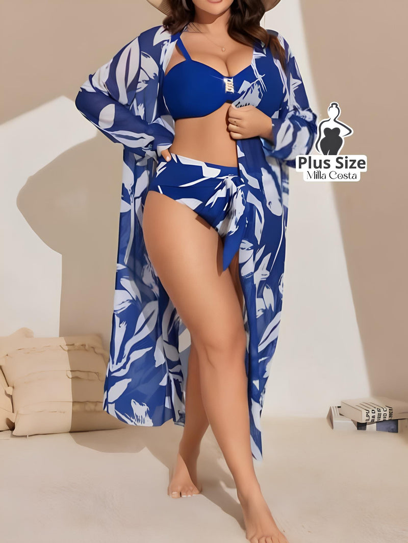 Conjunto Elegante De Biquíni Com Kimono Estampado Plus Size - Tabela de Medidas na Descrição