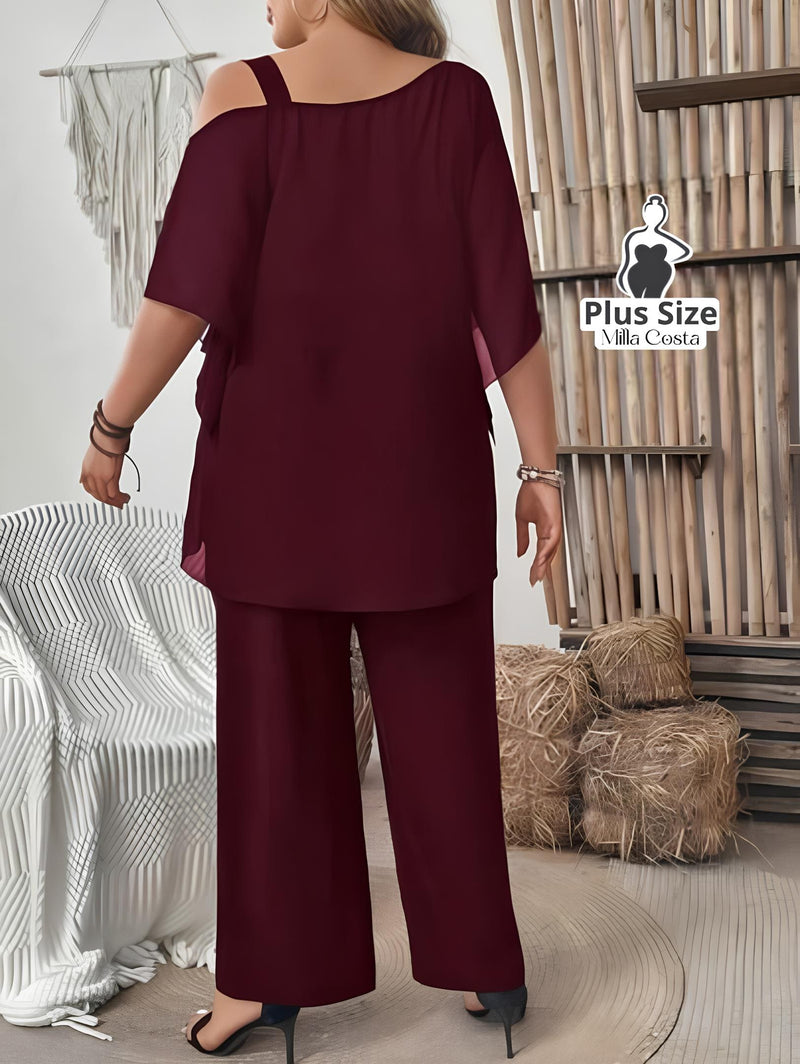 Conjunto Elegante De Camadas E Pantalona Plus Size - Tabela de Medidas na Descrição