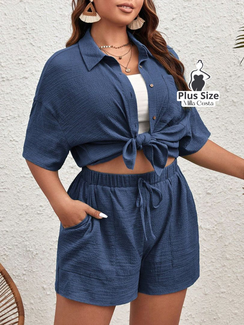 Conjunto Texturizado com Camisa e Shorts Plus Size - Tabela de Medidas na Descrição