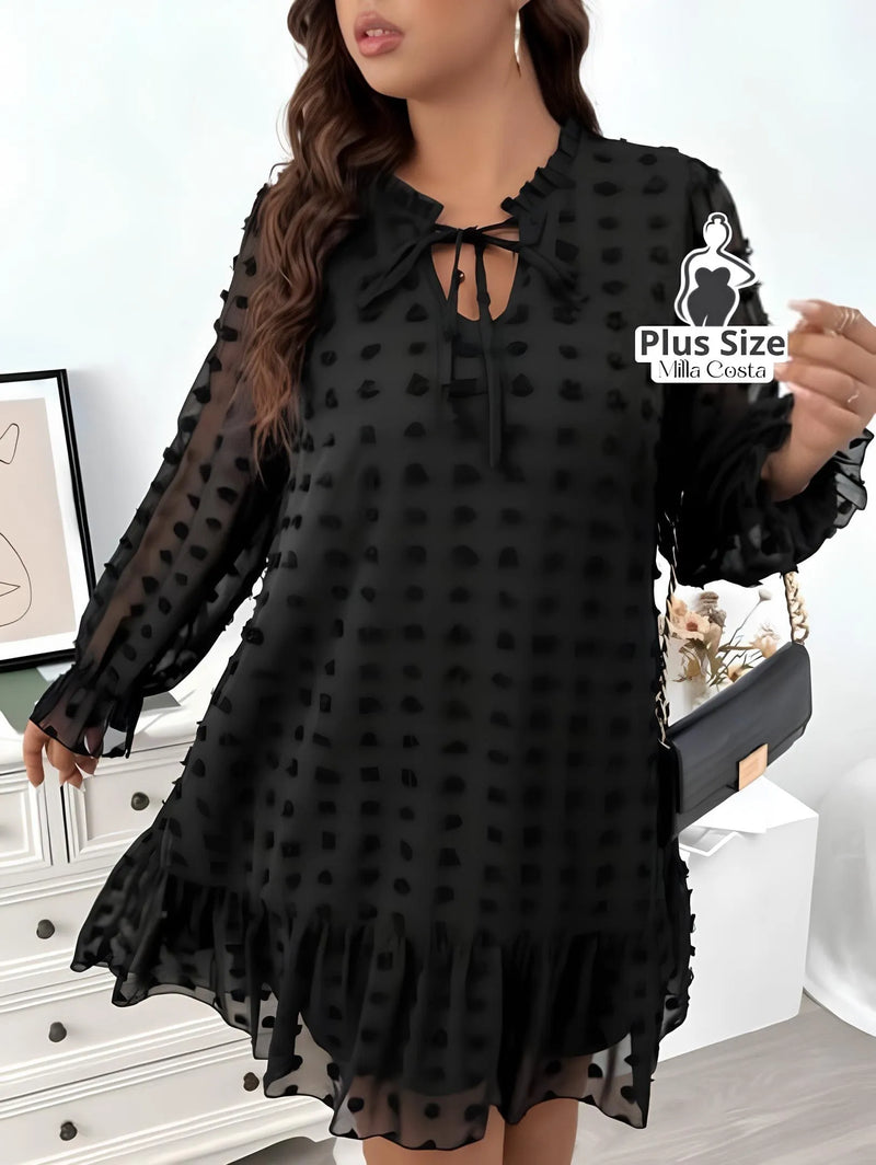 Vestido com Poás e Laço no Decote Plus Size - Tabela de Medidas na Descrição