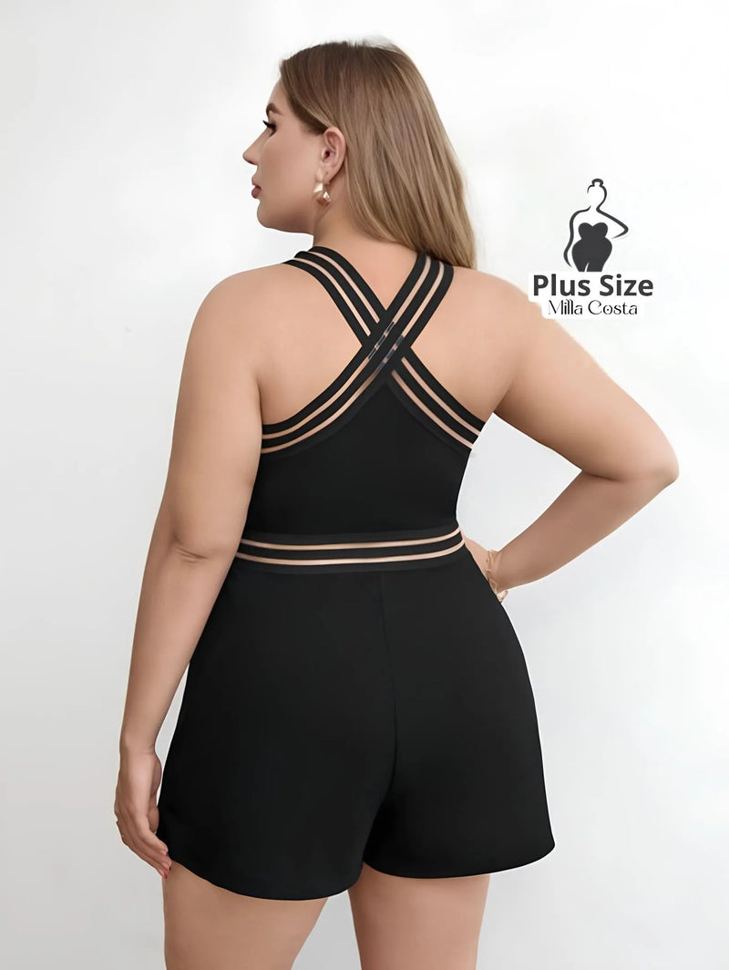 Macacão com Decote Cruzado e Cintura Marcada Plus Size - Tabela de Medidas na Descrição