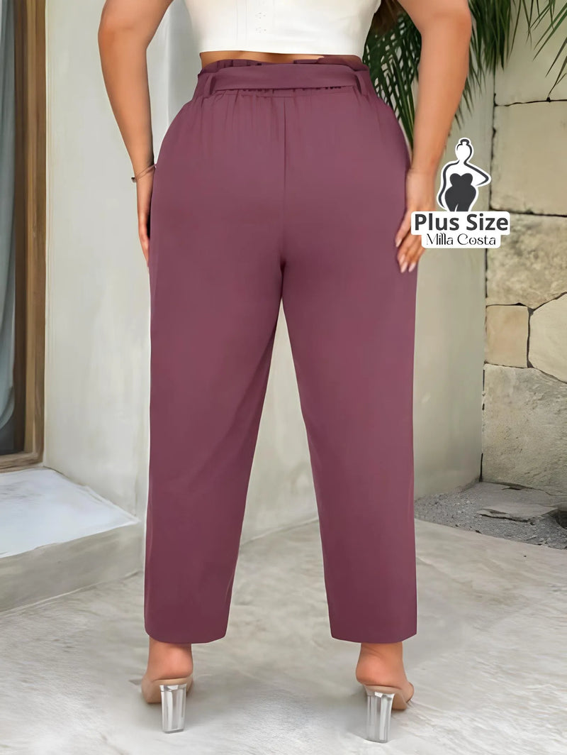 Calça Cintura Alta com Faixa de Amarração e Bolsos Plus Size - Medidas na Descrição