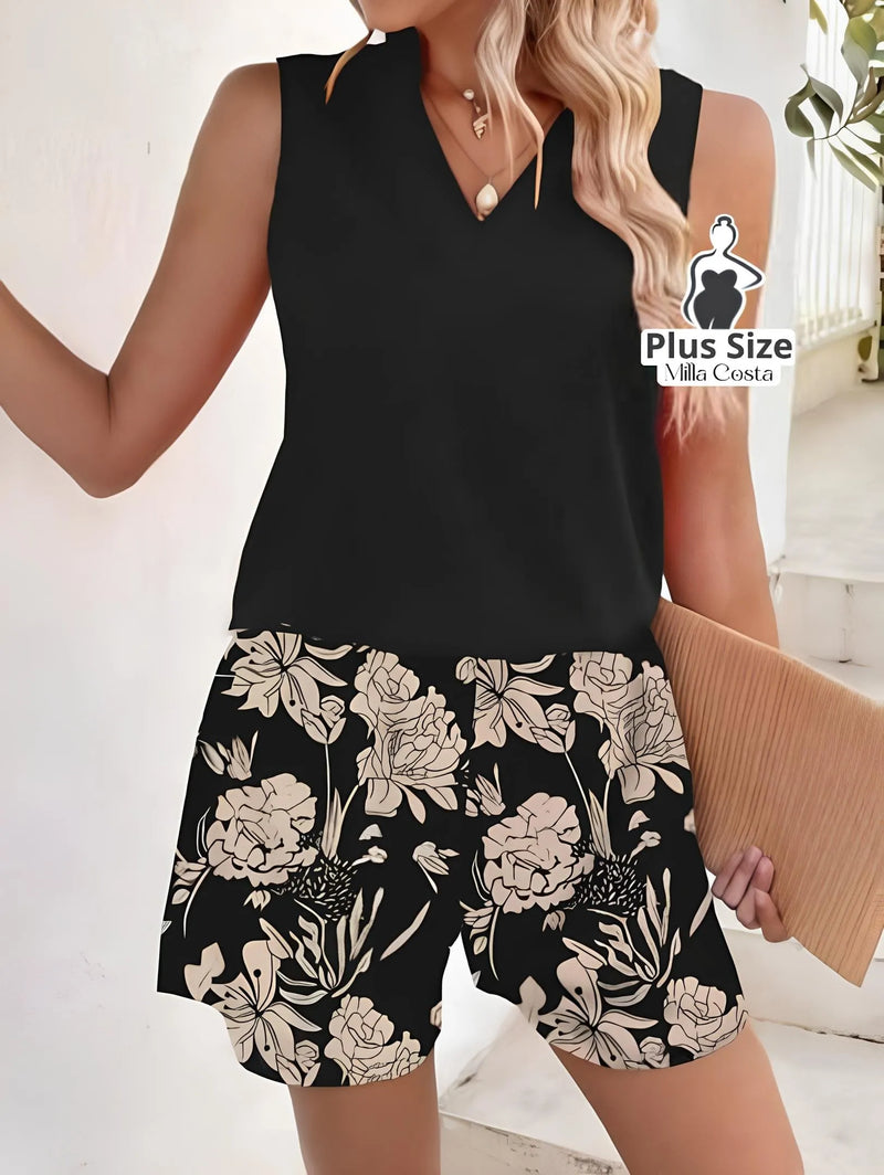 Conjunto Regata e Short Floral Plus Size - Tabela de Medidas na Descrição