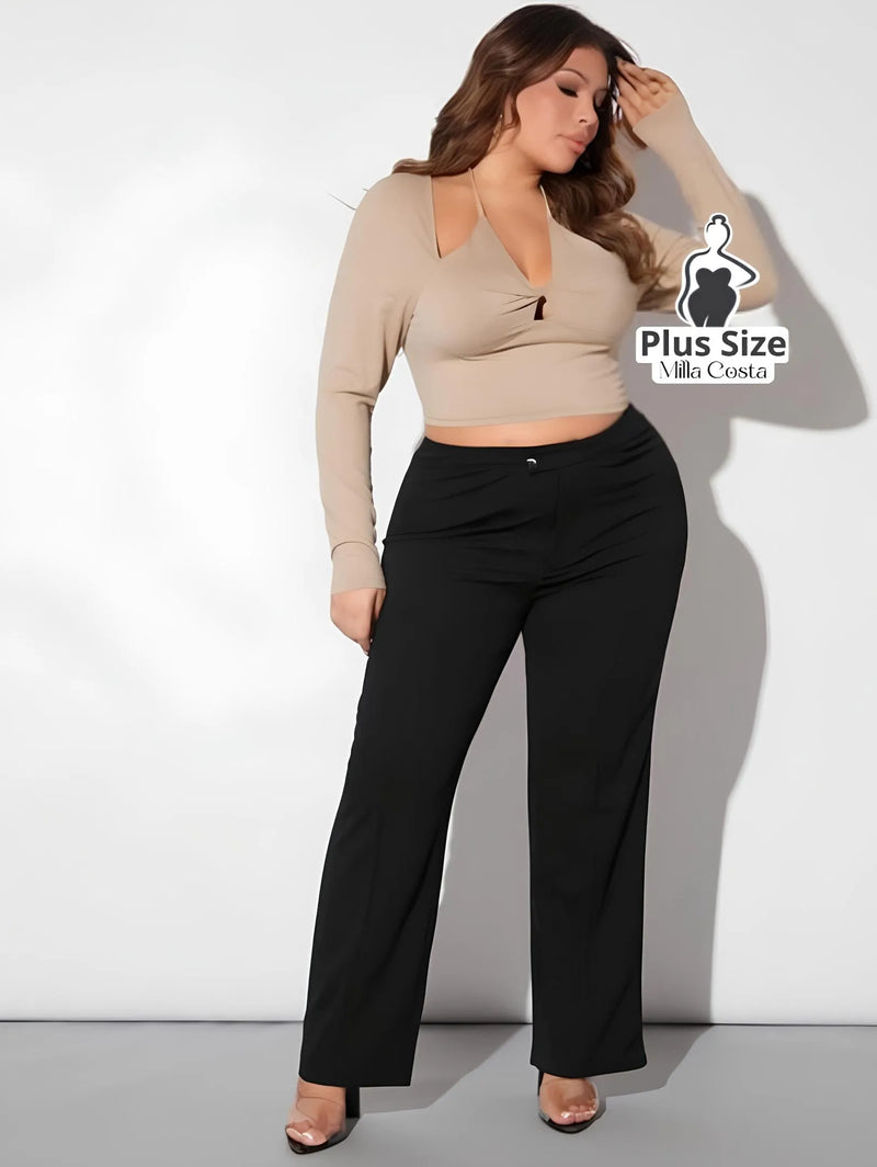 Calça Social com Cintura Alta e Fechamento Frontal Plus Size - Tabela de Medidas na Descrição