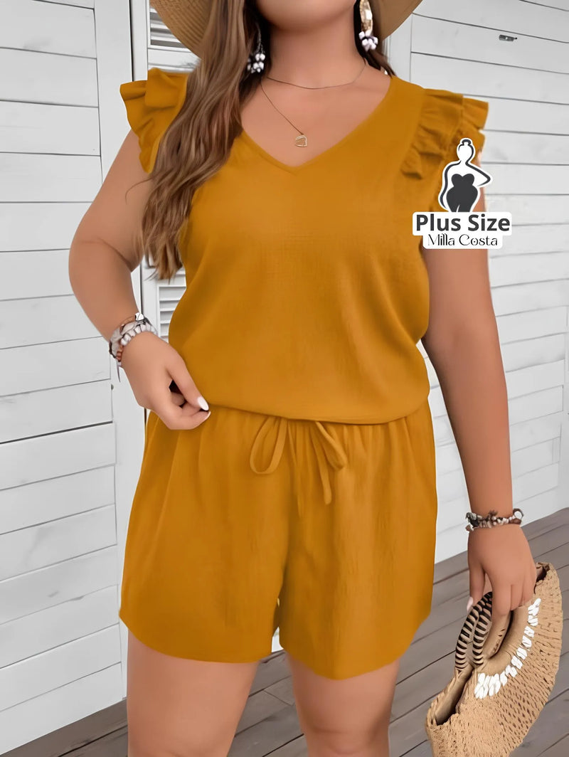 Conjunto com Blusa de Babado e Shorts de Amarração Plus Size - Tabela de Medidas na Descrição