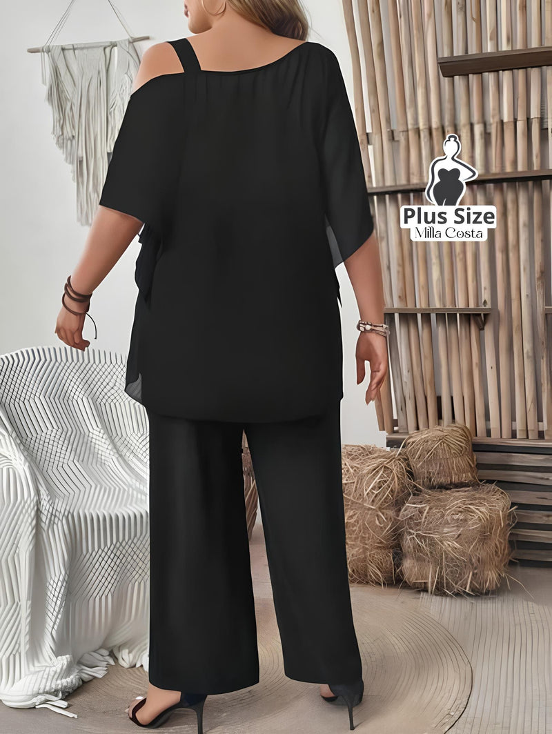 Conjunto Elegante De Camadas E Pantalona Plus Size - Tabela de Medidas na Descrição