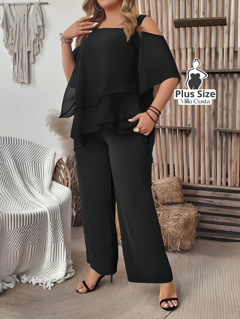 Conjunto Elegante De Camadas E Pantalona Plus Size - Tabela de Medidas na Descrição