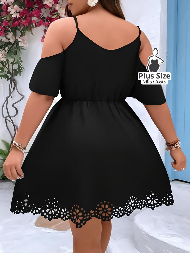 Vestido Charmoso Com Alças E Barra Vazada Plus Size - Tabela de Medidas na Descrição