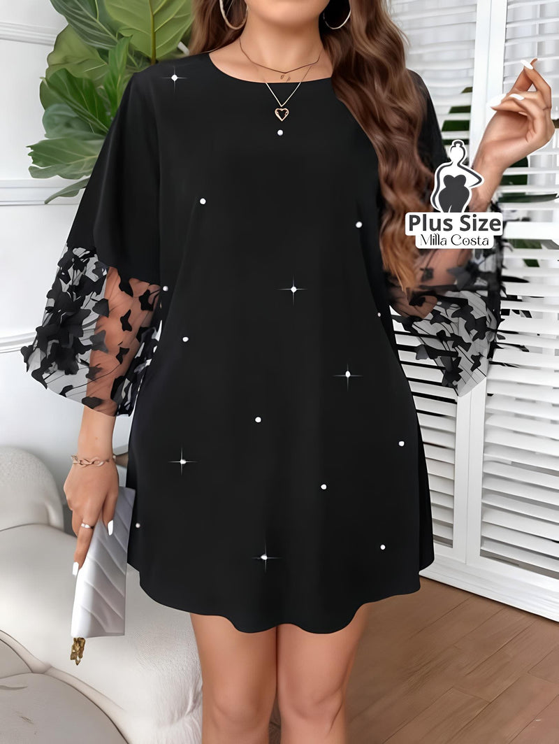 Vestido Com Detalhes De Pérolas E Mangas Em Renda Plus Size - Tabela de Medidas na Descrição